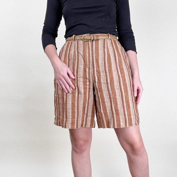 Vintage 100% Linen High Rise Waisted Shorts Long Inseam Wide Leg Relaxed Fit - Picture 4 of 8